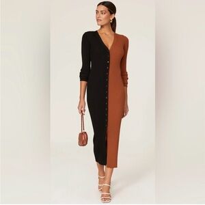 STAUD Black & Brown Two-Tone Rib-Knit Button-Front Midi Dress